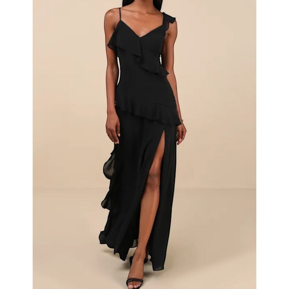 Lulus Asymetrical Tiered Ruffle Maxi Dress Women's Medium Black